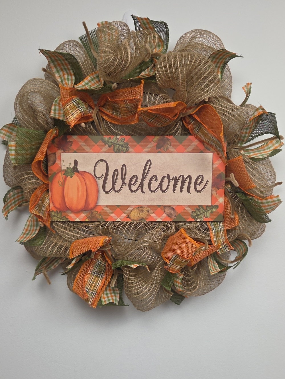 Welcome Fall Pumpkin Wreath Deco Mesh Burlap & Orange Plaid Home Holiday Décor